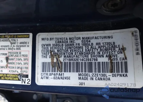 2004 Toyota Corolla Le из США, поврежденный, VIN 2T1BR32E14C286798